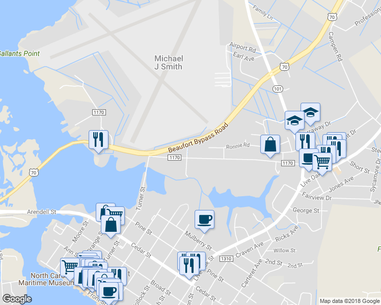 map of restaurants, bars, coffee shops, grocery stores, and more near 202 Stanton Road in Beaufort