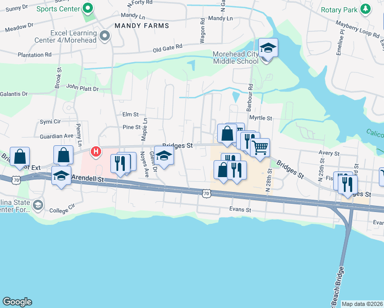 map of restaurants, bars, coffee shops, grocery stores, and more near 3205 Bridges Street in Morehead City
