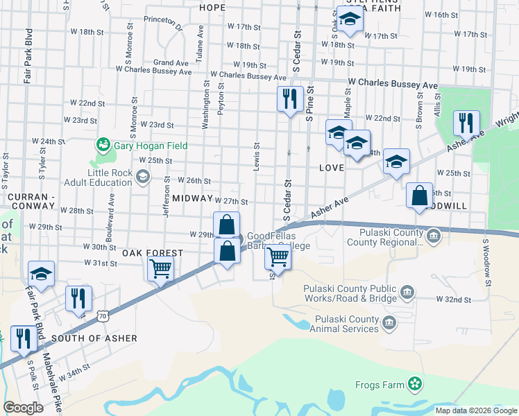 map of restaurants, bars, coffee shops, grocery stores, and more near 2705 Lewis Street in Little Rock