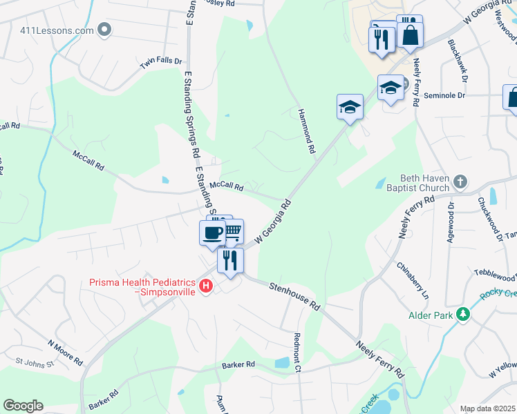 map of restaurants, bars, coffee shops, grocery stores, and more near 1204 West Georgia Road in Simpsonville