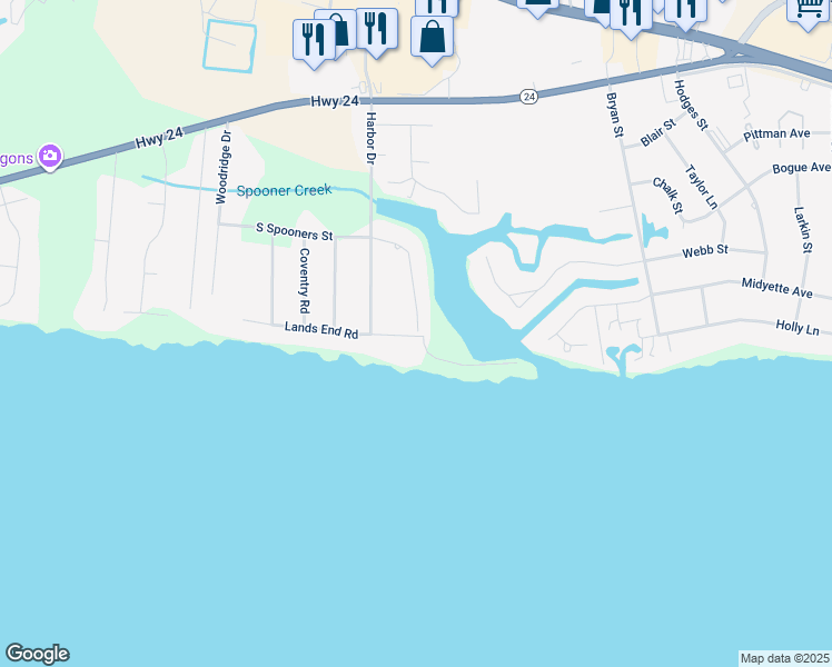 map of restaurants, bars, coffee shops, grocery stores, and more near 216 South Spooners Street in Morehead City