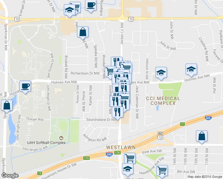 map of restaurants, bars, coffee shops, grocery stores, and more near 512 Greenacres Drive Northwest in Huntsville