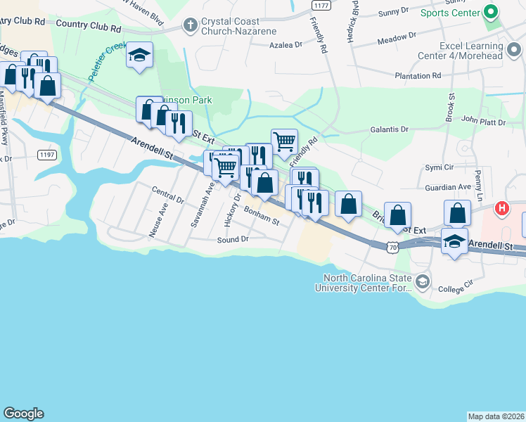 map of restaurants, bars, coffee shops, grocery stores, and more near 4116 Bonham Street in Morehead City