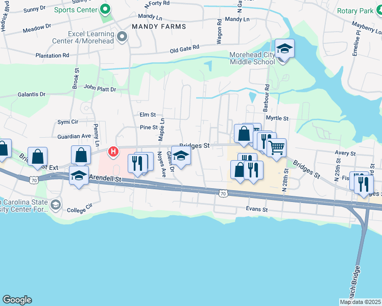 map of restaurants, bars, coffee shops, grocery stores, and more near 3309 Bridges Street in Morehead City