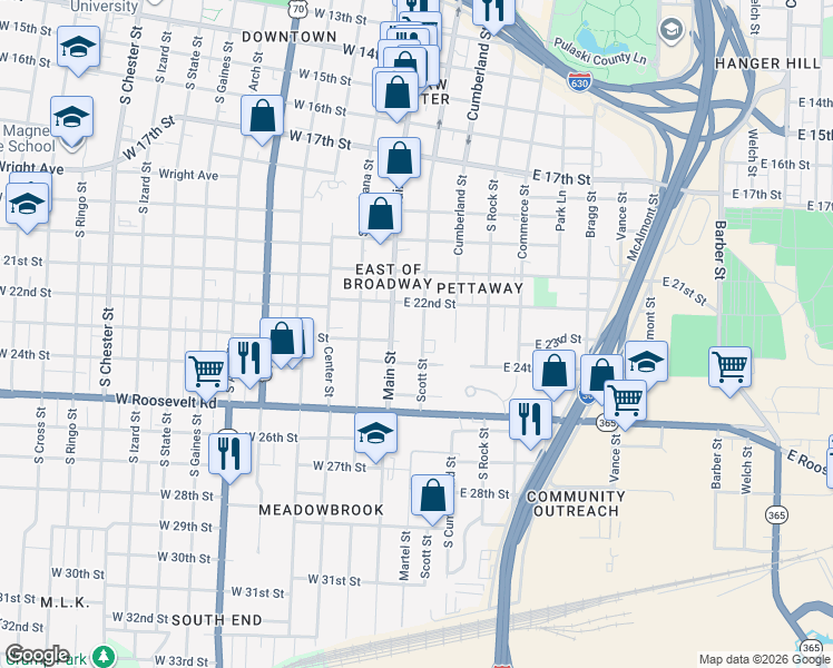 map of restaurants, bars, coffee shops, grocery stores, and more near 2224 Scott Street in Little Rock