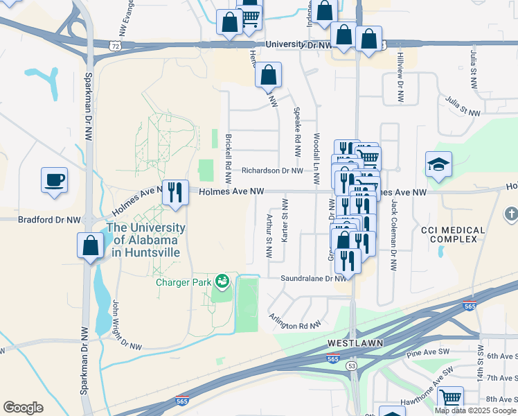 map of restaurants, bars, coffee shops, grocery stores, and more near 625 Austin Drive Northwest in Huntsville
