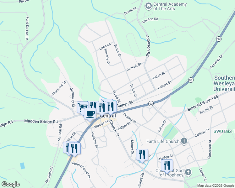 map of restaurants, bars, coffee shops, grocery stores, and more near 101 Coker Circle in Central