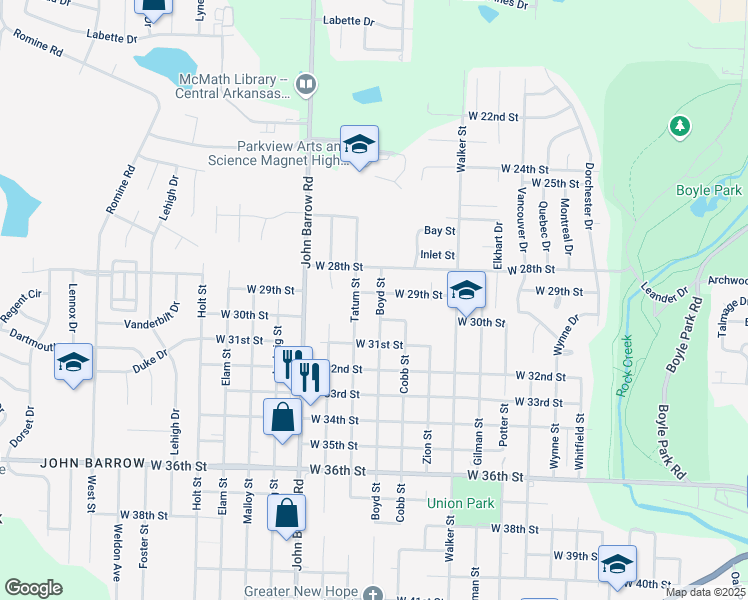 map of restaurants, bars, coffee shops, grocery stores, and more near 2910 Boyd Street in Little Rock