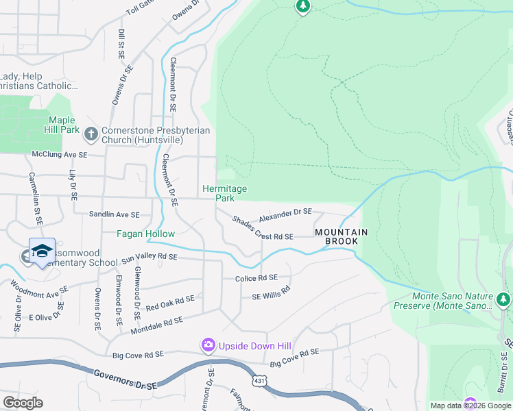 map of restaurants, bars, coffee shops, grocery stores, and more near 1503 Mountain Springs Circle Southeast in Huntsville