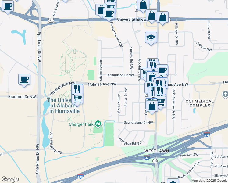 map of restaurants, bars, coffee shops, grocery stores, and more near 625 Austin Drive Northwest in Huntsville