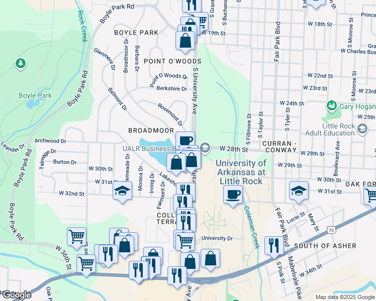 map of restaurants, bars, coffee shops, grocery stores, and more near 1 Broadmoor Drive in Little Rock