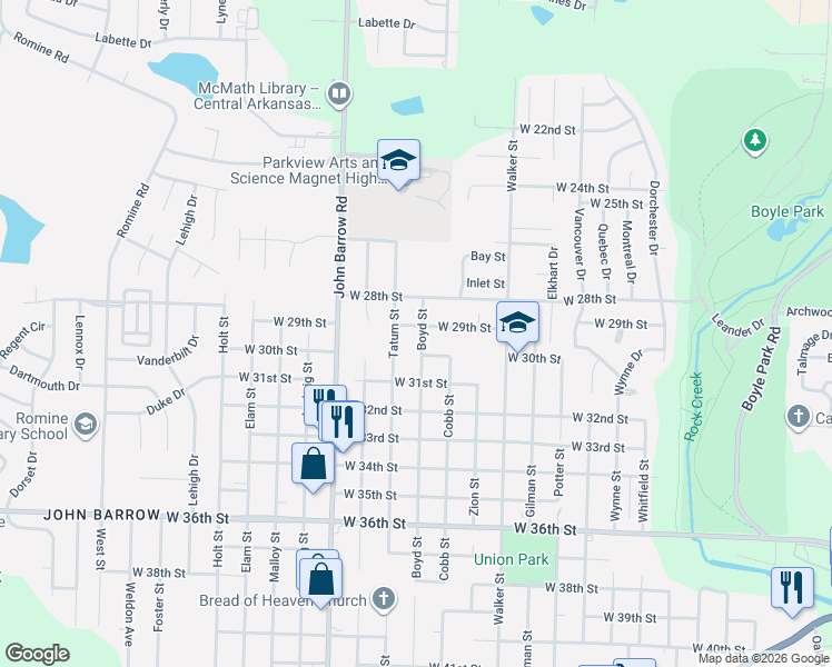 map of restaurants, bars, coffee shops, grocery stores, and more near 2910 Boyd Street in Little Rock