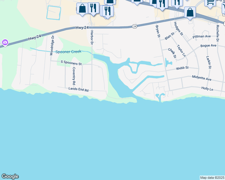 map of restaurants, bars, coffee shops, grocery stores, and more near 150 Lands End Road in Morehead City