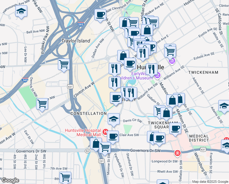 map of restaurants, bars, coffee shops, grocery stores, and more near 700 Monroe Street Southwest in Huntsville