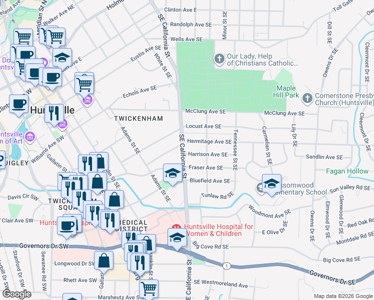 map of restaurants, bars, coffee shops, grocery stores, and more near 1001 Harrison Ave SE in Huntsville