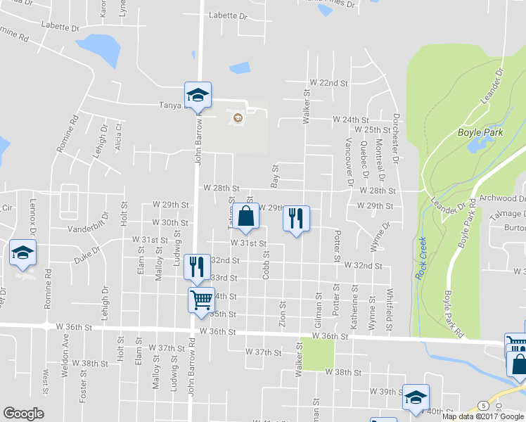 map of restaurants, bars, coffee shops, grocery stores, and more near 2900 Cobb Street in Little Rock