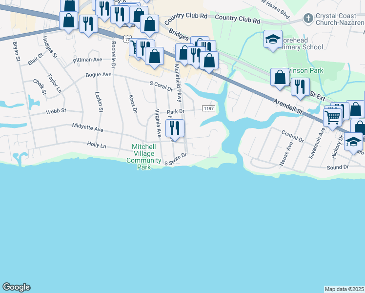 map of restaurants, bars, coffee shops, grocery stores, and more near 500 Mansfield Parkway in Morehead City