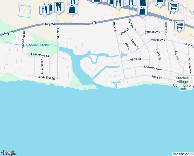 map of restaurants, bars, coffee shops, grocery stores, and more near 5224 Driftwood Lane in Morehead City