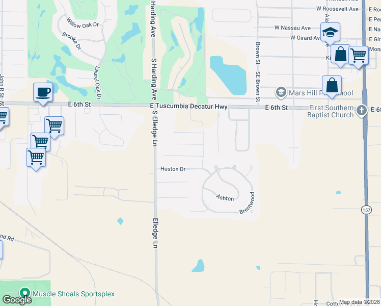 map of restaurants, bars, coffee shops, grocery stores, and more near 106 Rhett Drive in Muscle Shoals