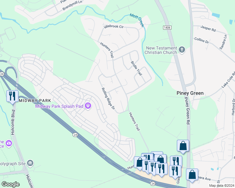 map of restaurants, bars, coffee shops, grocery stores, and more near 1710 Wine Press Court in Piney Green