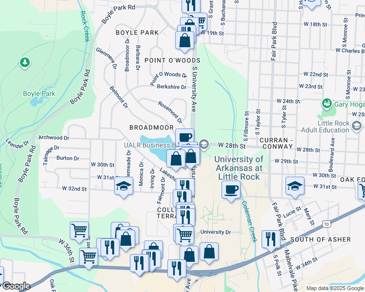 map of restaurants, bars, coffee shops, grocery stores, and more near 1 Broadmoor Drive in Little Rock
