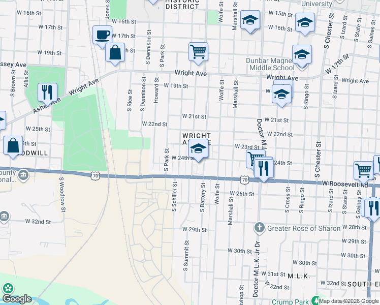 map of restaurants, bars, coffee shops, grocery stores, and more near 2317 South Summit Street in Little Rock