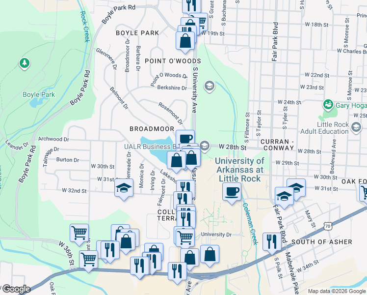 map of restaurants, bars, coffee shops, grocery stores, and more near 1 Broadmoor Drive in Little Rock