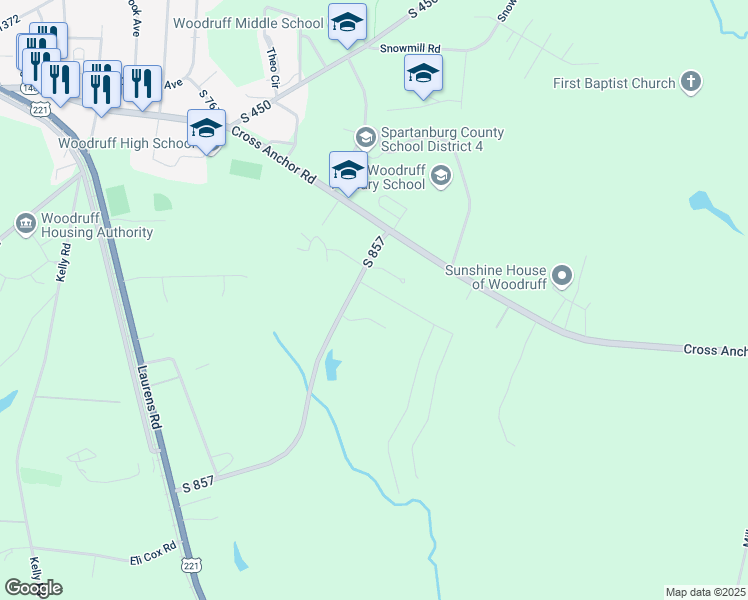 map of restaurants, bars, coffee shops, grocery stores, and more near 312 Timberwood Drive in Woodruff