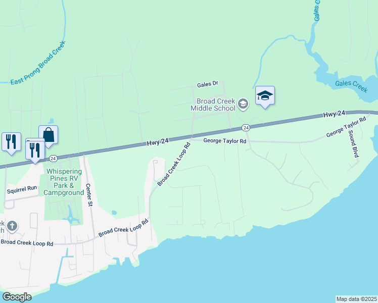 map of restaurants, bars, coffee shops, grocery stores, and more near 127 Broad Creek Loop Road in Newport