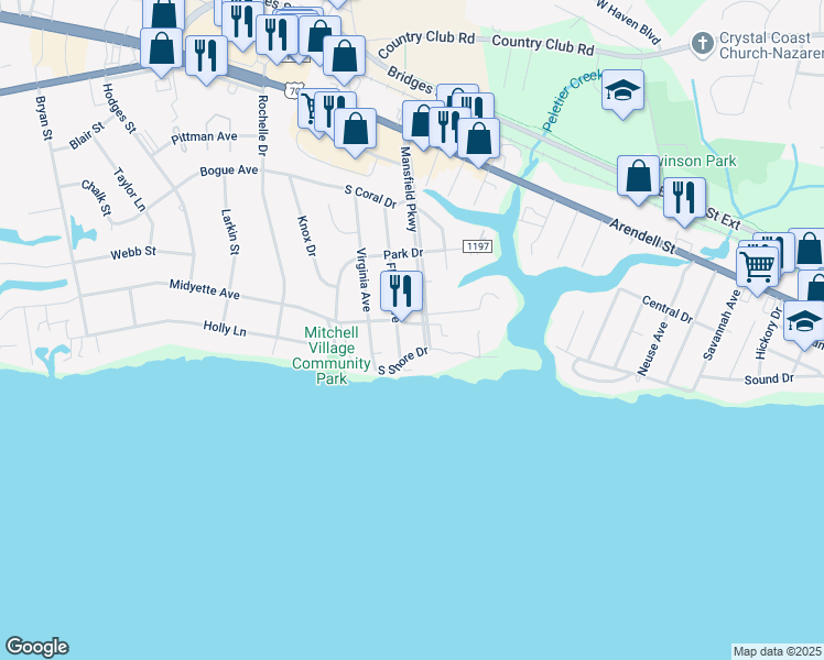 map of restaurants, bars, coffee shops, grocery stores, and more near 4803 Atlantic Drive in Morehead City
