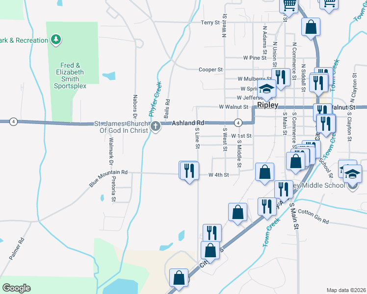 map of restaurants, bars, coffee shops, grocery stores, and more near 705 Ashland Road in Ripley