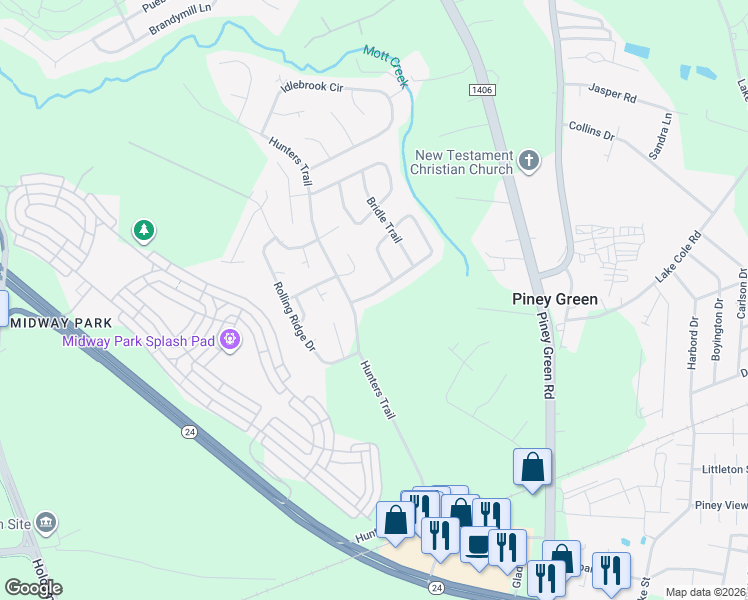 map of restaurants, bars, coffee shops, grocery stores, and more near 2004 Hunters Ridge Drive in Piney Green
