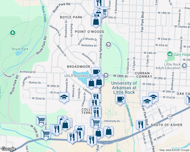 map of restaurants, bars, coffee shops, grocery stores, and more near 1 Broadmoor Drive in Little Rock