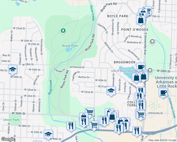 map of restaurants, bars, coffee shops, grocery stores, and more near 6811 Talmage Drive in Little Rock