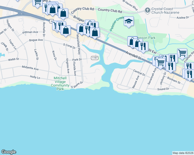 map of restaurants, bars, coffee shops, grocery stores, and more near 405 Tennessee Avenue in Morehead City