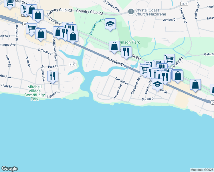 map of restaurants, bars, coffee shops, grocery stores, and more near 211 Pensacola Avenue in Morehead City