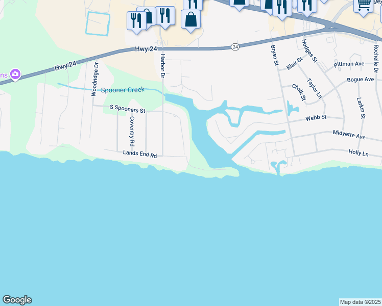 map of restaurants, bars, coffee shops, grocery stores, and more near 155 South Spooners Street in Morehead City