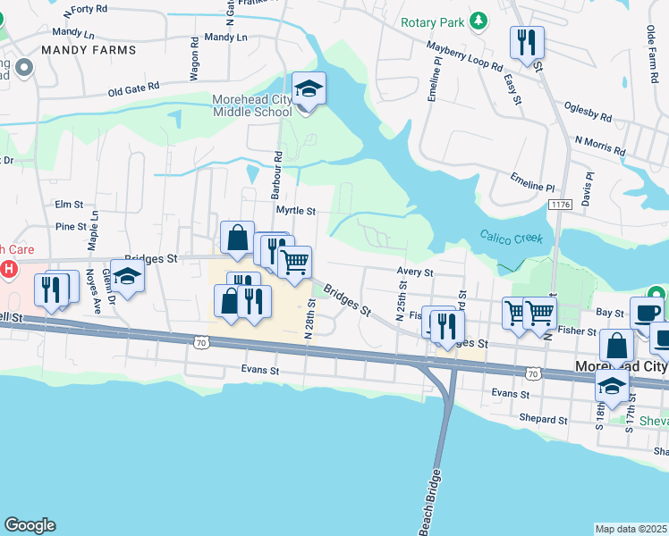 map of restaurants, bars, coffee shops, grocery stores, and more near 2720 Bridges Street in Morehead City