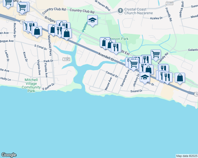 map of restaurants, bars, coffee shops, grocery stores, and more near 211 Pensacola Avenue in Morehead City