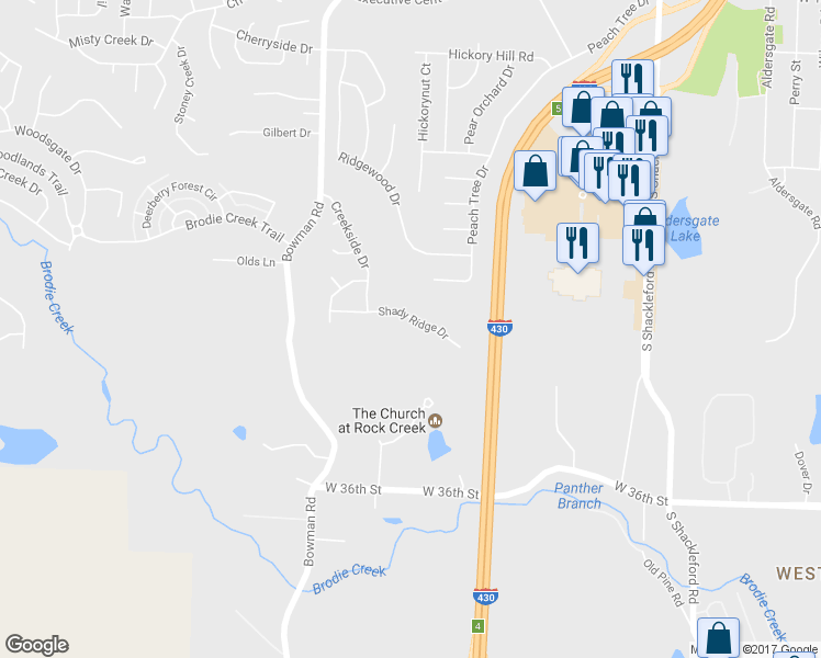 map of restaurants, bars, coffee shops, grocery stores, and more near 11705 Shady Ridge Drive in Little Rock