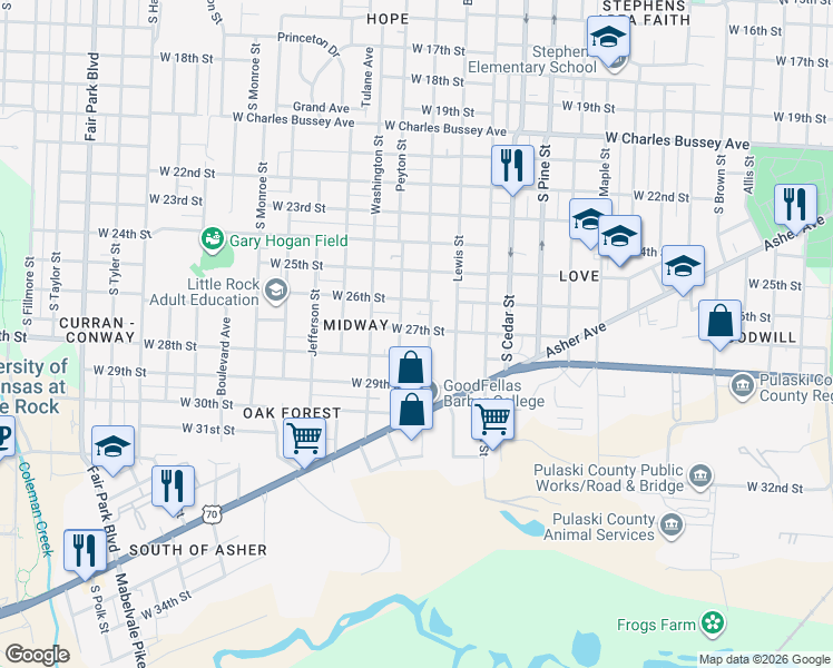 map of restaurants, bars, coffee shops, grocery stores, and more near 4309 West 27th Street in Little Rock