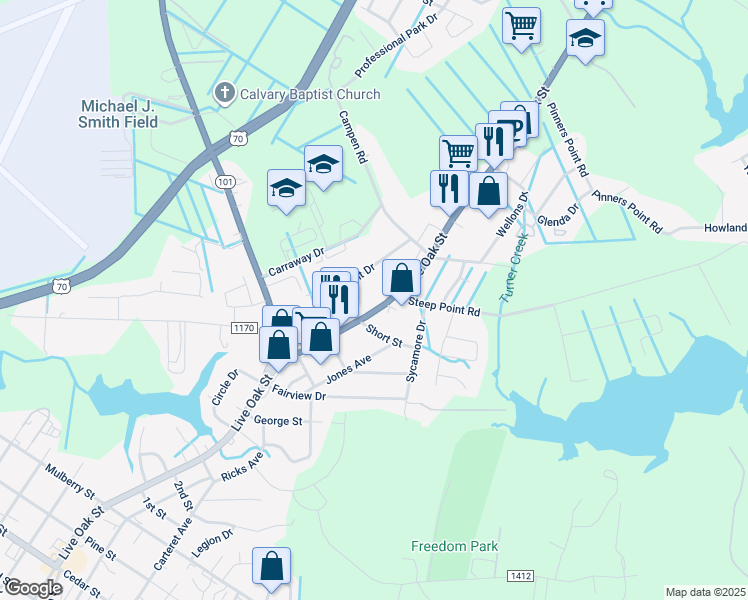 map of restaurants, bars, coffee shops, grocery stores, and more near 1623 Live Oak Street in Beaufort
