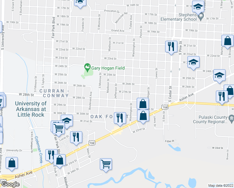 map of restaurants, bars, coffee shops, grocery stores, and more near 2705 Jefferson Street in Little Rock