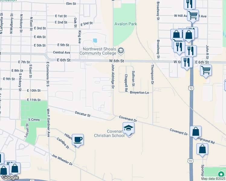 map of restaurants, bars, coffee shops, grocery stores, and more near 401 Hazelton Drive in Tuscumbia