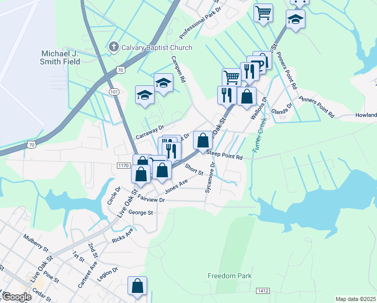 map of restaurants, bars, coffee shops, grocery stores, and more near 1623 Live Oak Street in Beaufort