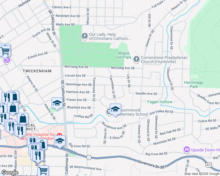 map of restaurants, bars, coffee shops, grocery stores, and more near in Huntsville