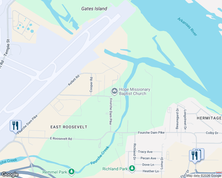 map of restaurants, bars, coffee shops, grocery stores, and more near 6000 Fourche Dam Pike in Little Rock