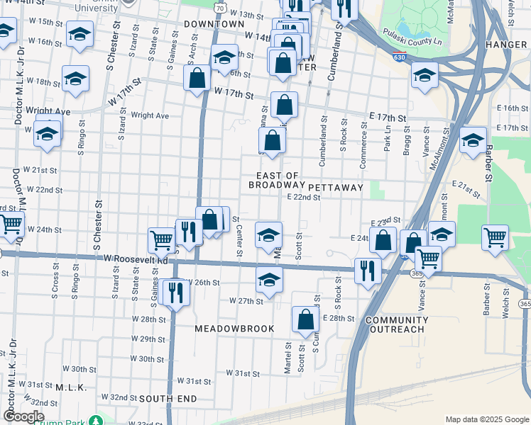 map of restaurants, bars, coffee shops, grocery stores, and more near 2300 Main Street in Little Rock