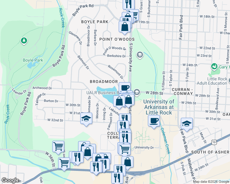 map of restaurants, bars, coffee shops, grocery stores, and more near in Little Rock