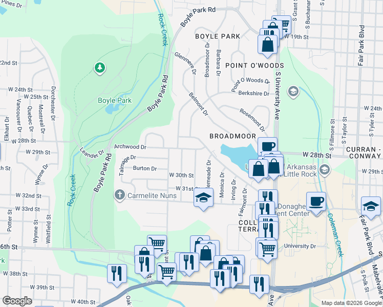 map of restaurants, bars, coffee shops, grocery stores, and more near 2911 Ware Street in Little Rock